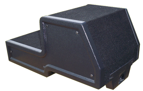 Black stepped subwoofer enclosure with a side terminal cup, angled rear view