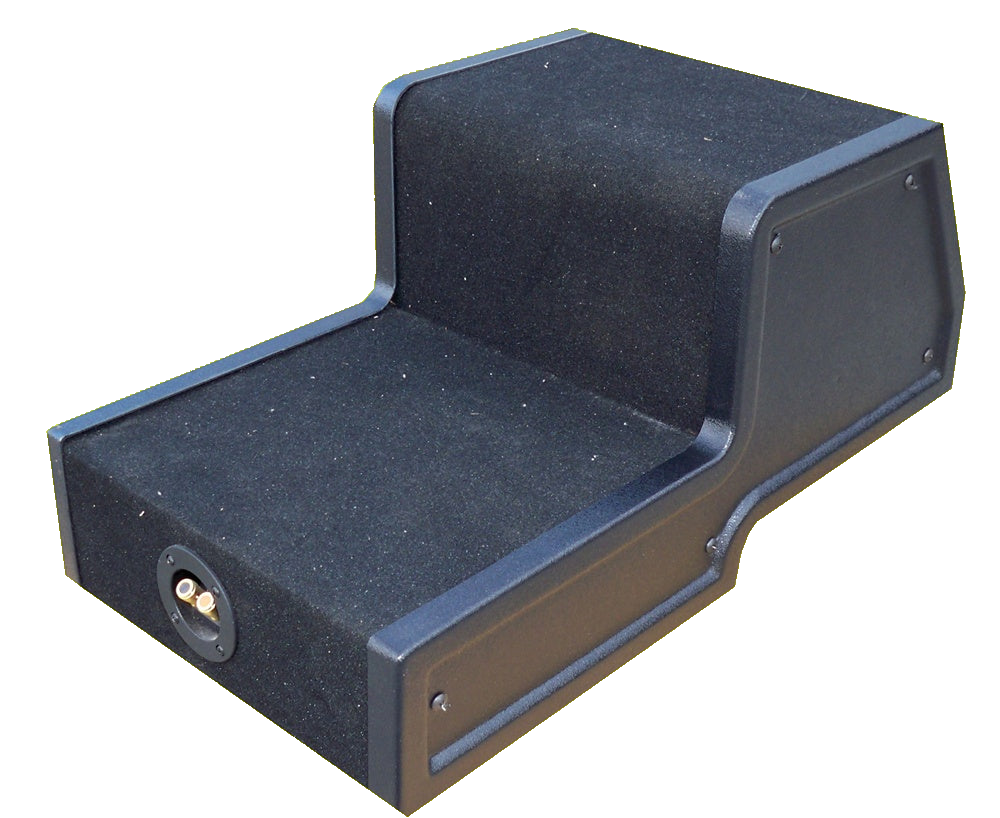 Rear view of a stepped black enclosure showing a flat access panel and terminal cup