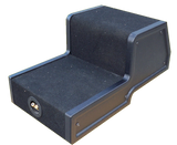Rear view of a stepped black enclosure showing a flat access panel and terminal cup