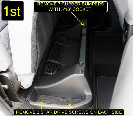 Installation guide marks seven rubber bumpers to remove with a 5/16-inch socket and two star-drive screws on each side