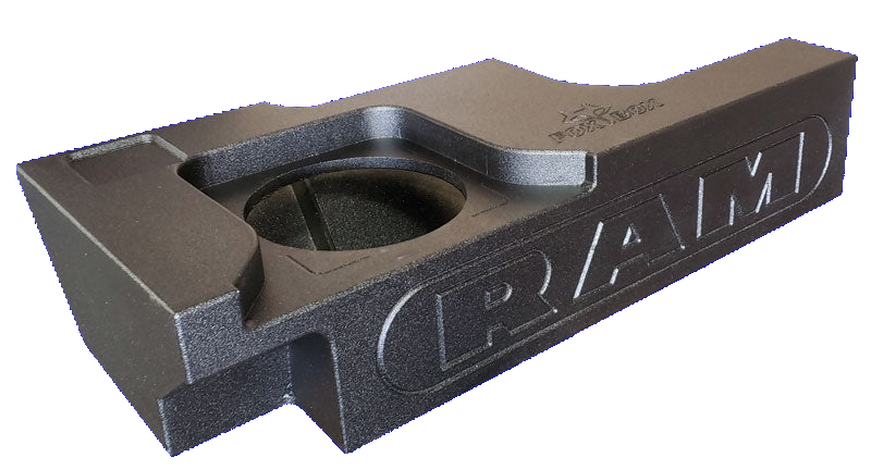 Angled front view of a Fox Box enclosure with one round speaker opening and large RAM lettering