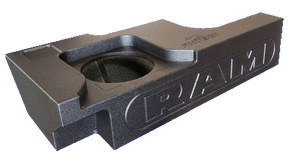 Angled front view of a Fox Box enclosure with one round speaker opening and large RAM lettering