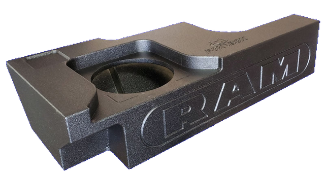 Angled front view of a Fox Box enclosure with one round speaker opening and large RAM lettering