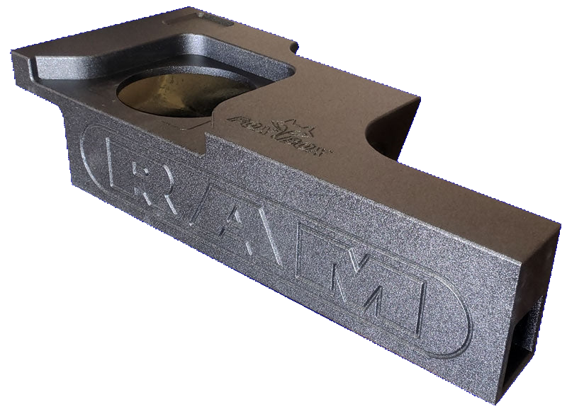 Angled FOX BOX enclosure with RAM lettering, a recessed single-speaker opening and stepped upper profile