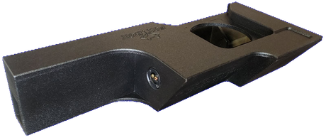 Rear angled view of a Fox Box enclosure showing one round speaker opening and a terminal cup