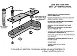 2019 fifth-generation Ram seat-lift diagram showing spacers between seat brackets and floor, reused rear bolts and replacement front Allen bolts