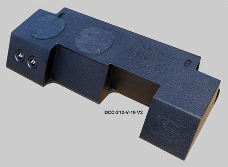 Fox Box DCC-212-V-19 V2 enclosure, underside view showing two circular clearance sections and terminal cups