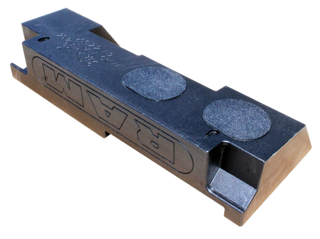 Underside view of a RAM-branded enclosure showing two circular covered sections and a stepped end cutout