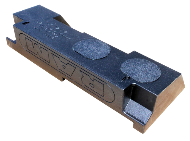 Underside view of a RAM-branded enclosure showing two circular covered sections and a stepped end cutout