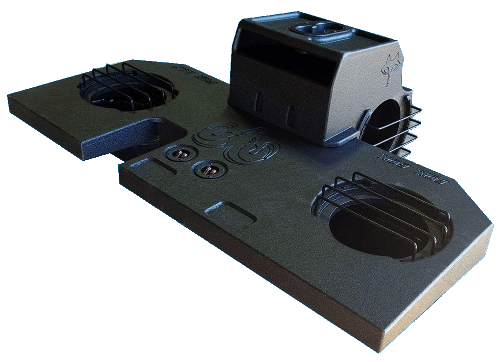 Fox Box subwoofer enclosure with a raised center cup holder and protective bars over the speaker openings
