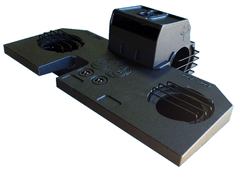 Fox Box subwoofer enclosure with a raised center cup holder and protective bars over the speaker openings