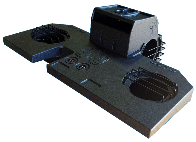 Fox Box subwoofer enclosure with a raised center cup holder and protective bars over the speaker openings