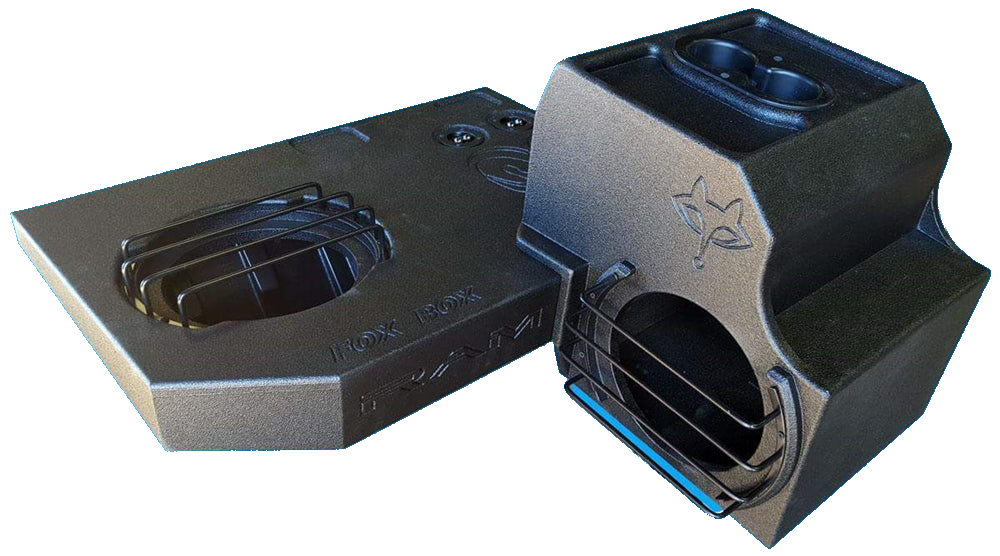 Fox Box subwoofer enclosure shown from the opposite angle, with a central cup holder and barred speaker openings