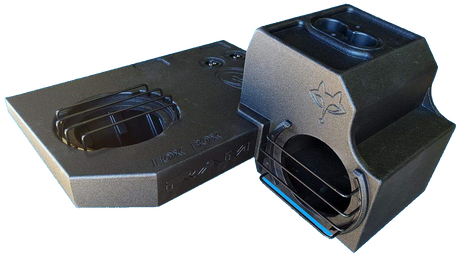 Fox Box subwoofer enclosure shown from the opposite angle, with a central cup holder and barred speaker openings