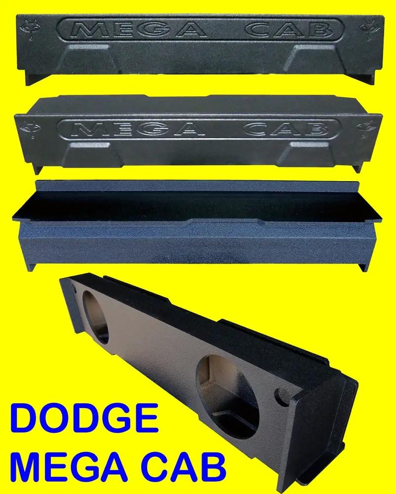 Composite of Fox Box enclosure views with MEGA CAB lettering and two speaker openings