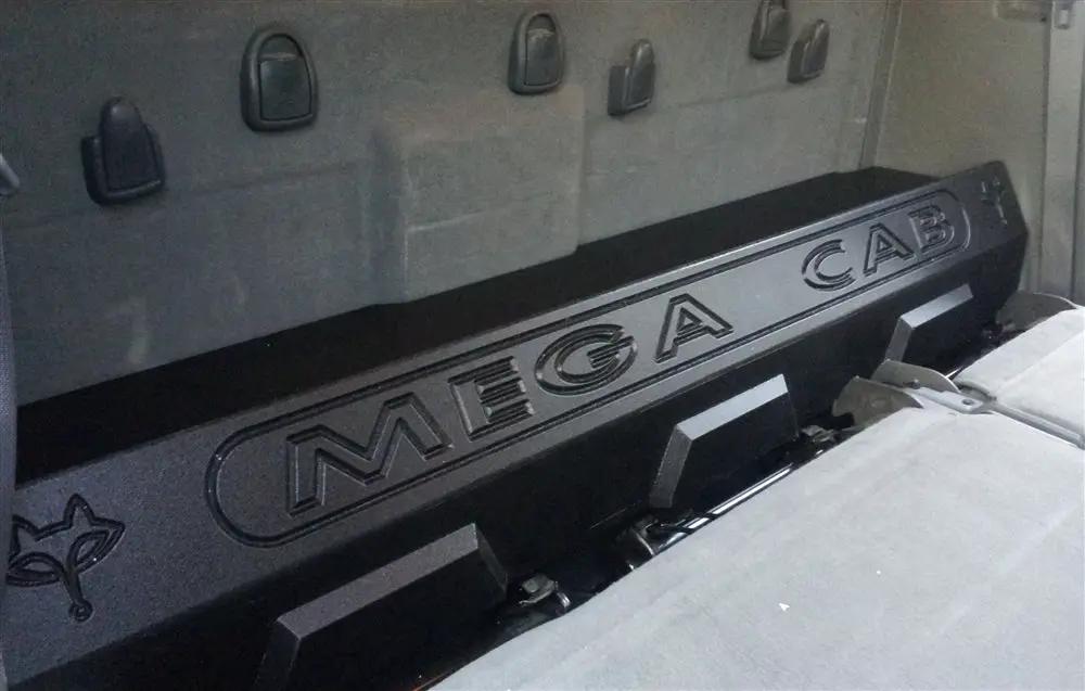 Fox Box enclosure with MEGA CAB lettering installed behind the rear seating area