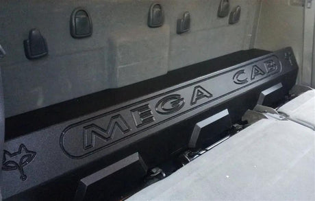 Fox Box enclosure with MEGA CAB lettering installed behind the rear seating area