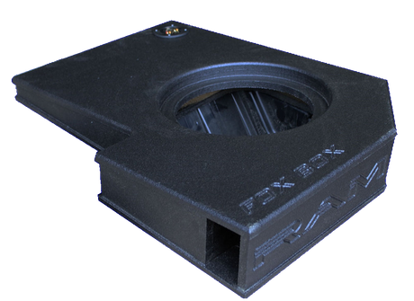 Angled FOX BOX enclosure with one speaker opening, a terminal cup and a rectangular side port