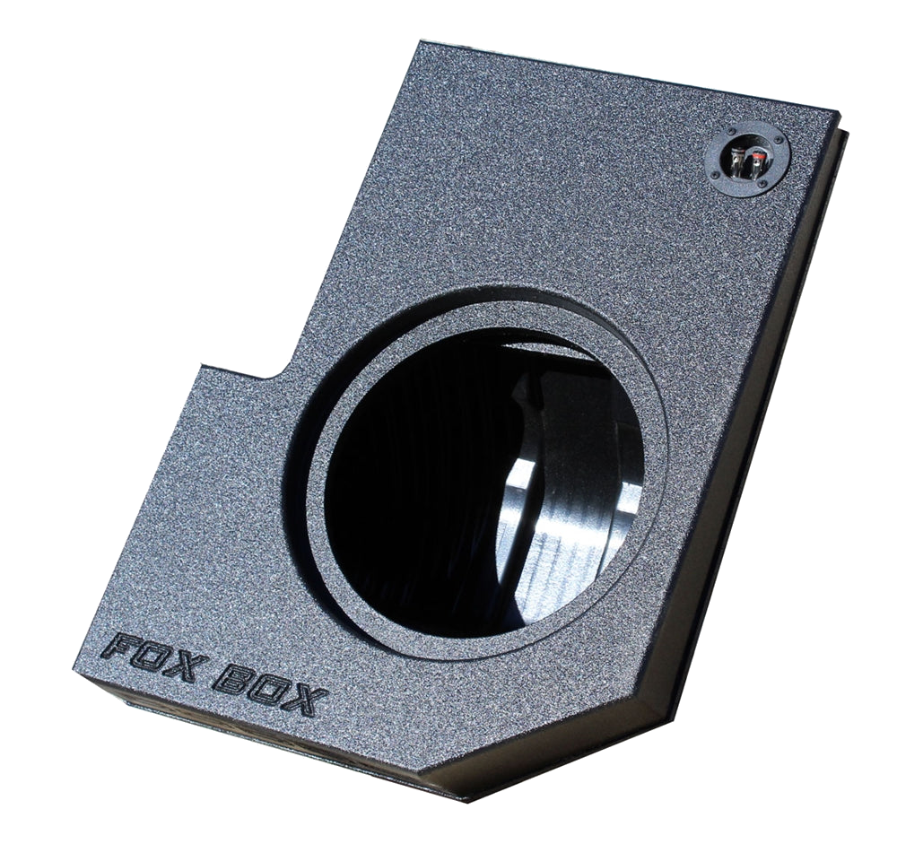Angled view of a single-subwoofer FOX BOX enclosure with round cutout and terminal cup