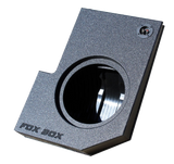 Angled view of a single-subwoofer FOX BOX enclosure with round cutout and terminal cup