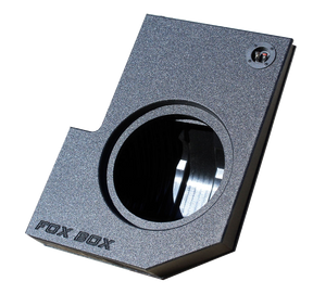 Angled view of a single-subwoofer FOX BOX enclosure with round cutout and terminal cup