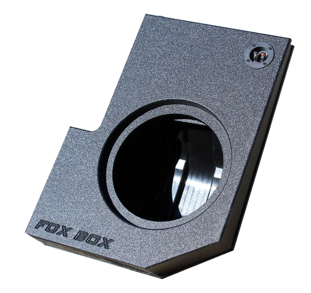 Angled view of a single-subwoofer FOX BOX enclosure with round cutout and terminal cup
