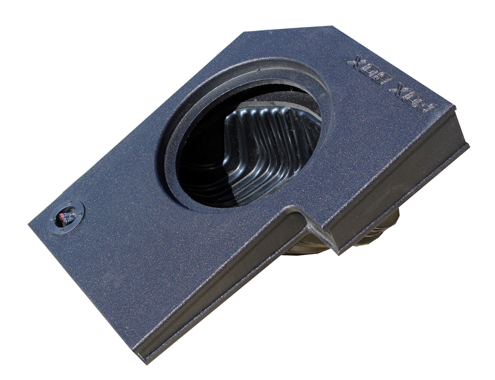 Black Fox Box enclosure with one round speaker opening and a front terminal cup