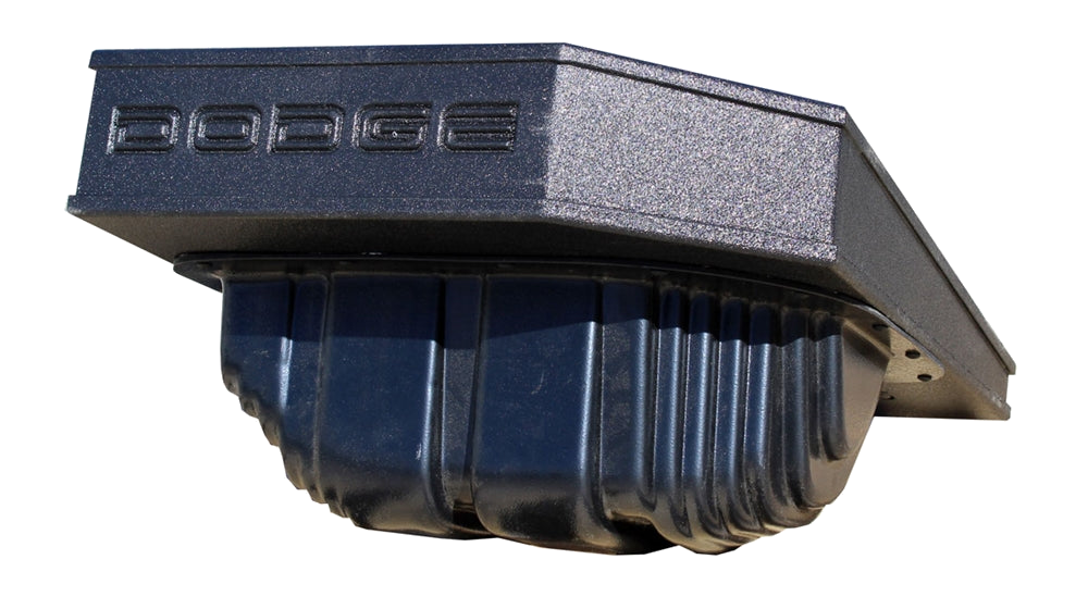 Side and underside view of a black enclosure with DODGE lettering and a ribbed molded housing