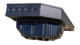 Side and underside view of a black enclosure with DODGE lettering and a ribbed molded housing