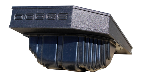 Side and underside view of a black enclosure with DODGE lettering and a ribbed molded housing