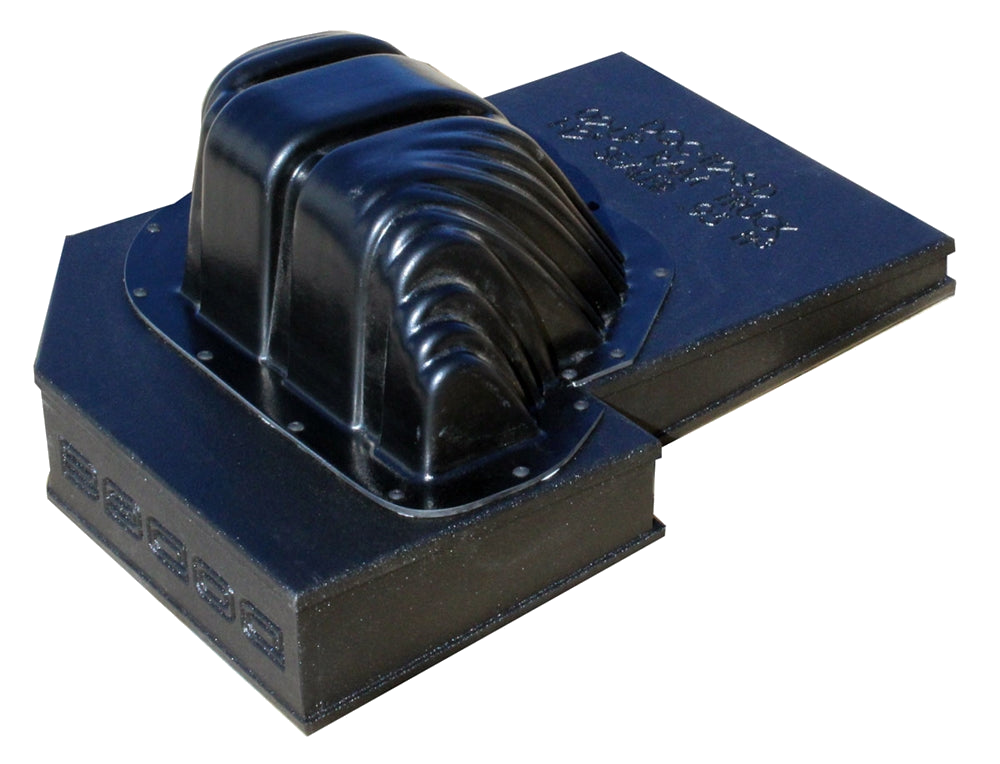 Underside view of a black Fox Box enclosure showing its ribbed, rounded molded housing