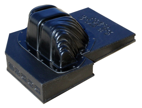 Underside view of a black Fox Box enclosure showing its ribbed, rounded molded housing