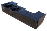 Stepped black RAM enclosure with two round speaker openings, protective bars and a rectangular end port