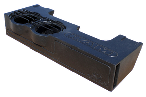 Stepped black RAM enclosure with two round speaker openings, protective bars and a rectangular end port