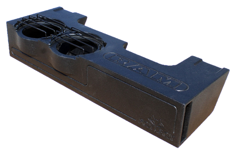 Stepped black RAM enclosure with two round speaker openings, protective bars and a rectangular end port