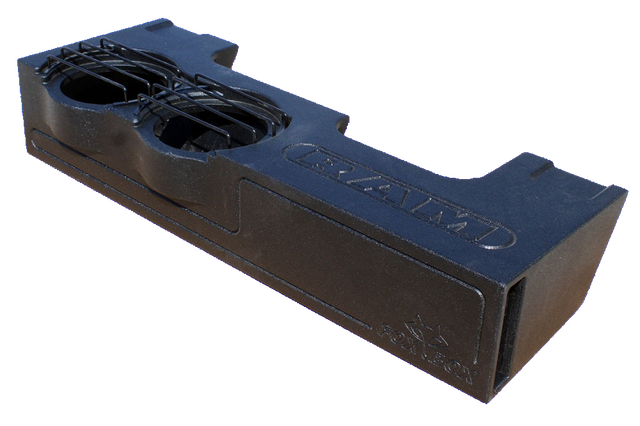 Stepped black RAM enclosure with two round speaker openings, protective bars and a rectangular end port