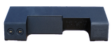 Rear view of a long black enclosure with two terminal cups and an embossed flag