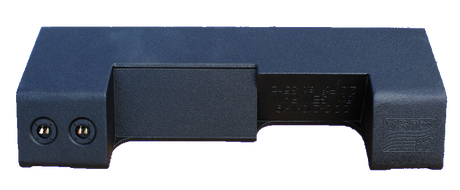 Rear view of a long black enclosure with two terminal cups and an embossed flag