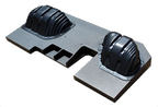 Reverse side of a dual-subwoofer FOX BOX enclosure showing two molded magnet-clearance covers