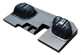 Reverse side of a dual-subwoofer FOX BOX enclosure showing two molded magnet-clearance covers