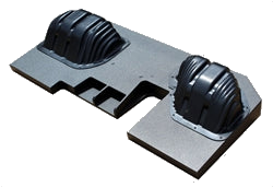 Reverse side of a dual-subwoofer FOX BOX enclosure showing two molded magnet-clearance covers