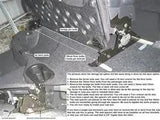 Seat-lift installation illustration showing rear-seat mounting brackets beside an enclosure and cup-holder assembly