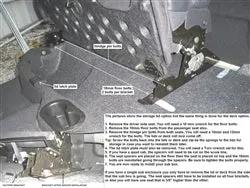 Seat-lift installation illustration showing rear-seat mounting brackets beside an enclosure and cup-holder assembly