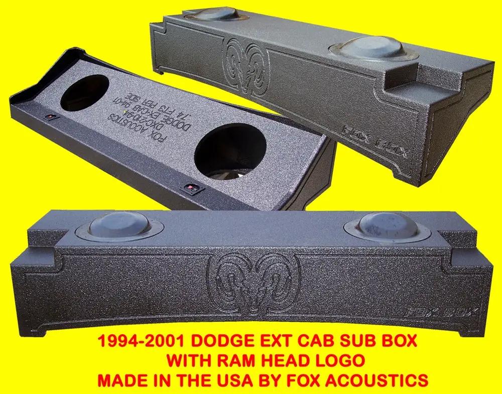 Fox Acoustics promotional graphic showing three enclosure views for a 1994–2001 Dodge extended cab