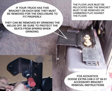 Fox Acoustics bracket-removal and floor-jack-relocation guide, with a warning to protect the seats from grinding sparks