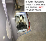 Fitment warning showing a truck jack style that prevents this subwoofer enclosure from fitting