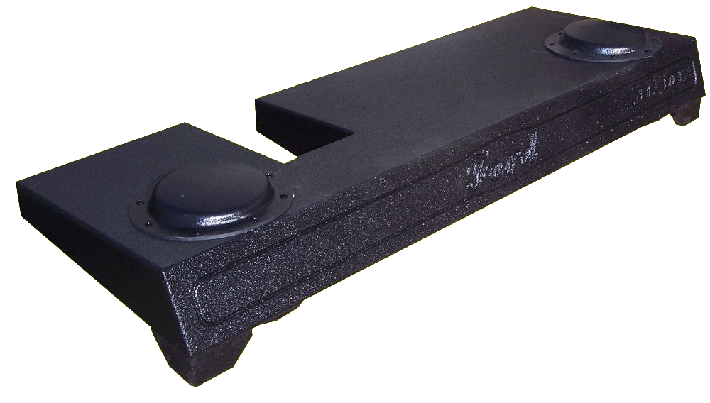 Low-profile subwoofer enclosure shown from above with two raised circular sections and a center notch