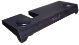 Low-profile subwoofer enclosure shown from above with two raised circular sections and a center notch