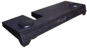 Low-profile subwoofer enclosure shown from above with two raised circular sections and a center notch