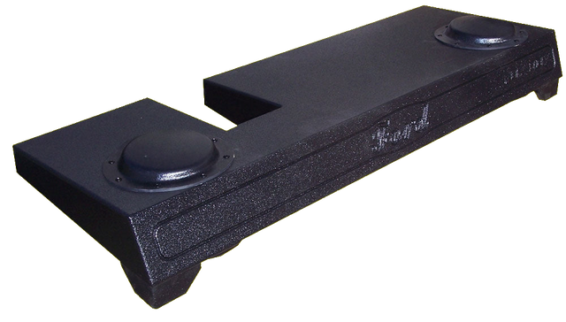 Low-profile subwoofer enclosure shown from above with two raised circular sections and a center notch